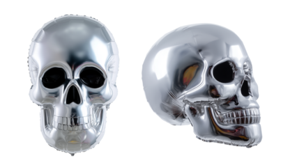 Two metallic helium balloons shaped like skulls in different perspectives isolated on transparent background for spooky halloween decoration.