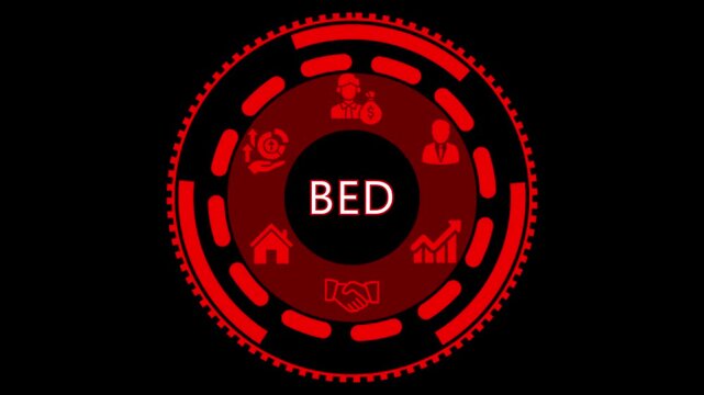 B E D Business Development Concept Animated Graphic Red Icons on Black Background Financial Growth Investment Real Estate Partnership Success
