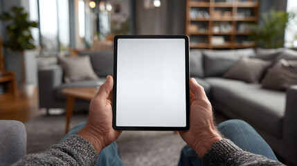 Person holding a tablet with blank screen in modern home
