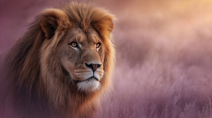 Fototapeta premium A majestic lion with a golden mane stares intensely, embodying power, dominance, and regal presence in the wild savannah.