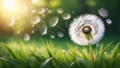 the image consists of a dandelion with its seeds being blown away on a vibrant green grass background creating a sense of freedom and nature s