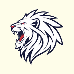 Fototapeta premium Fierce White Lion Head Illustration – Roaring Lion with Open Mouth and Sharp Teeth, Powerful Wild Animal Vector for Mascots, Sports Logos, and Fierce Wildlife Designs