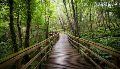 Fototapeta premium winding wooden boardwalk path through lush green forest