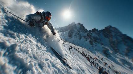 Skier Jumping Off Snow Ramp in Bright Sunlight