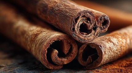 Close up macro of cinnamon bark with rolled edges fibrous texture and warm spice tones offering a rustic food styling visual or seasonal ingredient close up background