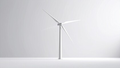 Single wind turbine with three blades standing tall against a light gray background