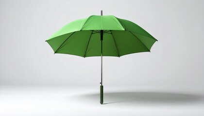 Green umbrella with a curved wooden handle, fully open on a white background