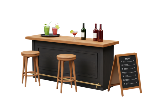 Isolated cocktail bar with stools, beverages and menu board, catering at a stylish bar