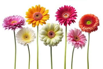 Assortment of colorful Gerbera flowers arranged on a plain white background