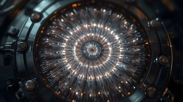 A detailed close-up of a futuristic, glowing machine core with intricate metal and fiber-optic components, against a dark sci-fi background