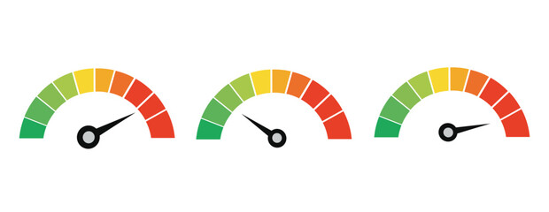 Speedometer gauge meter vector icons, risk score progress indicators in green to red