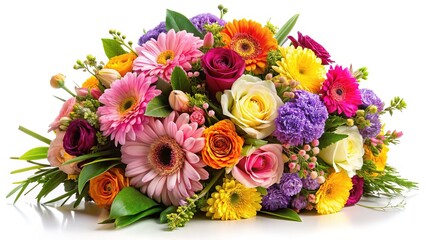 A vibrant and colorful bouquet of mixed flowers on a white background