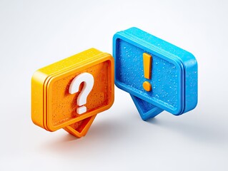 Two 3D speech bubbles, orange with a question mark, and blue with an exclamation mark, sit on a plain white surface