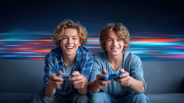Children laughing while playing video games, enjoying fun and engaging experience together. Their excitement and joy are evident as they share this moment of friendly competition