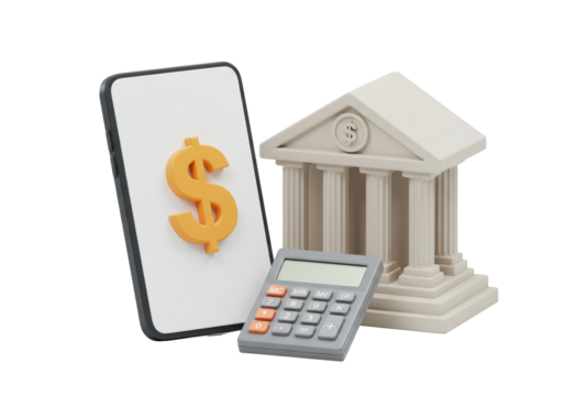Isolated 3D rendering of mobile phone, calculator, and bank building for finance concepts