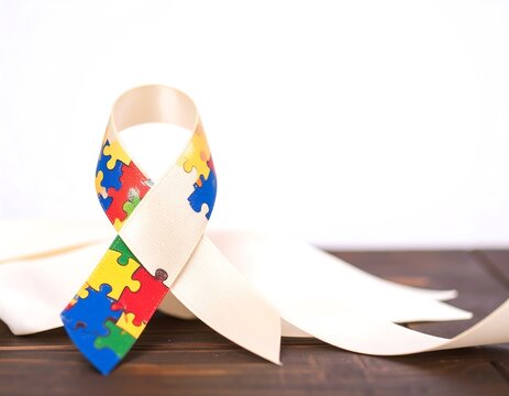Awareness ribbon with puzzle pieces.  A cream-colored ribbon with colorful puzzle pieces