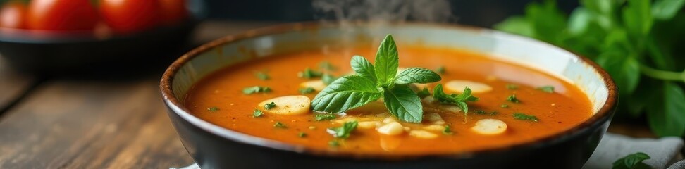 Fresh herbs scattered over a steaming bowl of soup, adding vibrant colors and aromas, culinary art, food