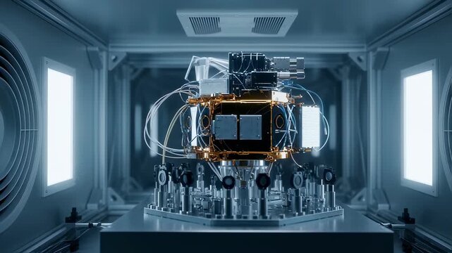 Wide angle of a quantum communication satellite payload enclosed in a clean bench highlighting air flow vents and dustfree conditions.