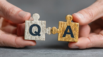 Fototapeta premium Hands holding connected Q and A puzzle pieces representing questions and answers 