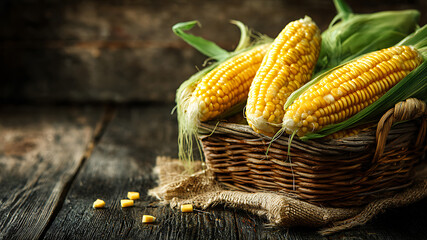 Golden Harvest: Fresh Corn Cobs in a Rustic Basket on a Weathered Wooden Table