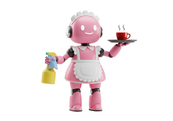 Fototapeta premium Isolated pink robot maid serving coffee, holding spray bottle with cleaning cloth