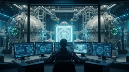 Control room overlooking a classified satellite xenontank filling station equipped with digital screens and monitoring consoles. - Powered by Adobe