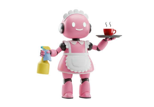 Isolated pink robot maid serving coffee, holding spray bottle with cleaning cloth