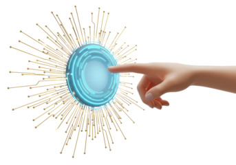 Isolated hand touches a futuristic blue light control button with gold wiring network