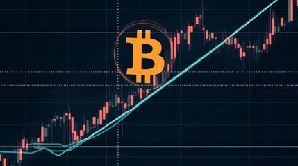 Bitcoin price rising, shown on a candlestick chart with an upward trendline.
