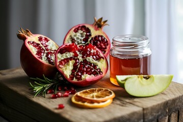 Fresh pomegranates, honey, and apple slices on wooden board; perfect for food blogs