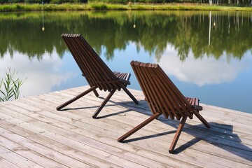 Fototapeta premium Brown wooden sun loungers on the deck on the shore of a forest lake. Rest, relaxation.