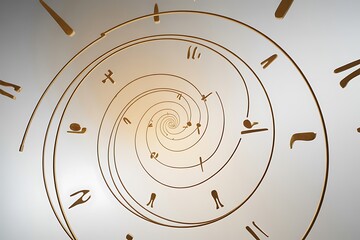 Hypnotic golden spiral clock face with abstract symbols and numbers creates a mesmerizing journey through time