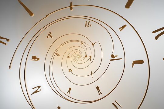 Hypnotic golden spiral clock face with abstract symbols and numbers creates a mesmerizing journey through time