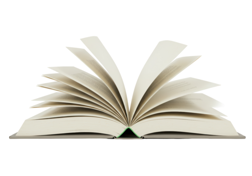 Isolated book with pages open and spine visible; reading material for educational resource