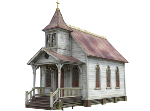 Old wooden church building exterior isolated on black background, Isolated On Transparent Background