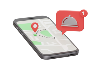 Isolated smartphone shows food delivery tracking on map, notifications for online orders