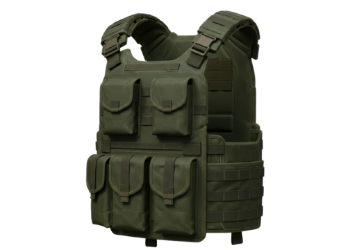 Isolated olive drab body armor, military tactical vest with various utility pouches attached
