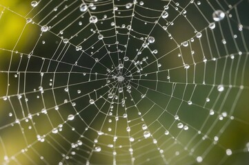 Spider web with water droplets against blurred background