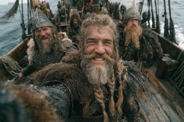 Group of viking warriors having fun and taking a selfie on their drakkar, during a navigation in winter