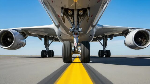 A lowangle view of a large commercial airplanes front landing gear and engines on a tarmac with a yellow line