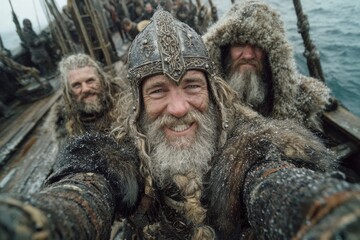 Three smiling viking warriors wearing fur clothes and helmets are taking a selfie on their drakkar during a snowy day