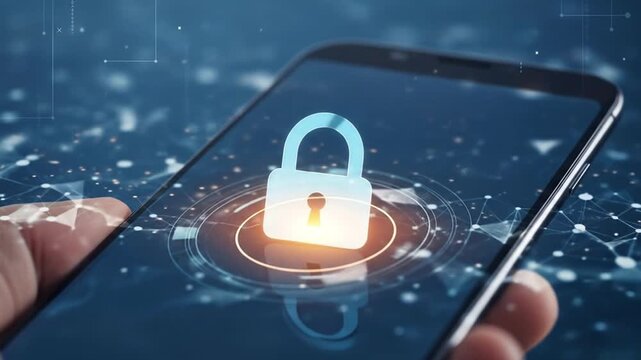 Secure mobile technology concept with digital padlock icon for data protection and security