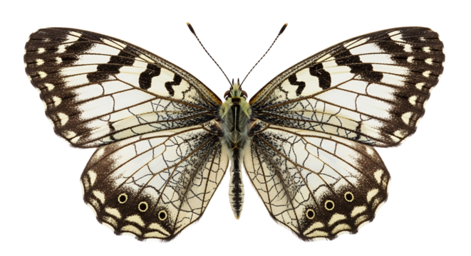 Detailed Close Up of a Beautiful Butterfly with Intricate Wing Pattern on Black Background