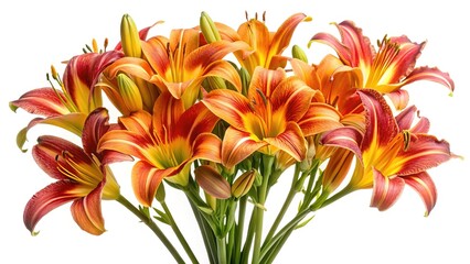 Fototapeta premium Vibrant bouquet of orange and red daylilies on a stark white background