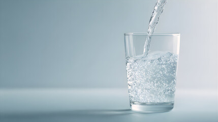 Water being poured into a clear glass, creating splashes and bubbles. Concept of refreshment and pure liquid. Beverage.