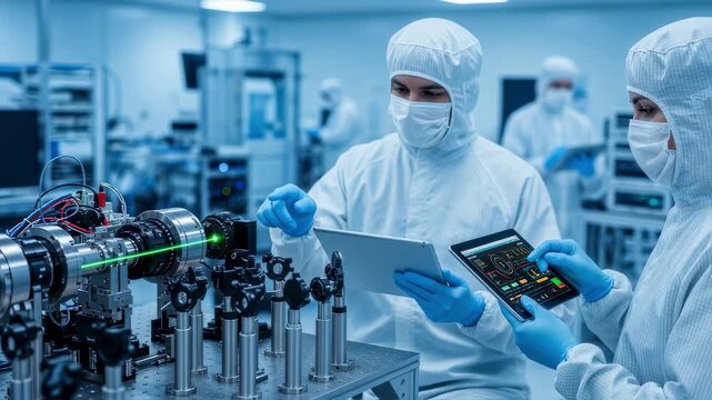 Stateoftheart cleanroom with engineers documenting laser weapon optical performance on digital tablet devices.