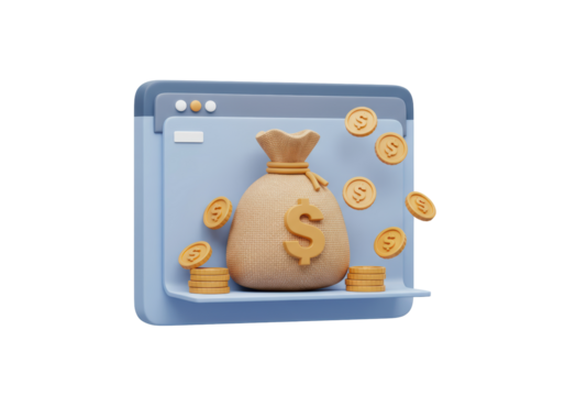 Isolated money bag inside window with dollar symbol, stack of coins and coins flying around