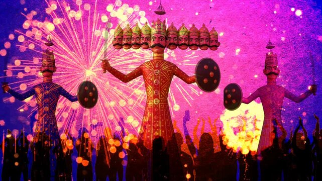 Dussehra Festival Celebration with Ravan Effigies and Fireworks Animation Background