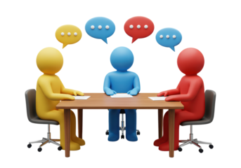 Isolated brainstorming meeting with colorful sticky figure people and talking bubbles