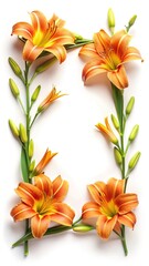 Elegant frame of orange lilies with green stems and unopened buds on white